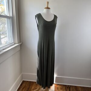 Vintage Slinky Minimalist Olive Green Jersey Knit Maxi | 90s Sleeveless Dress